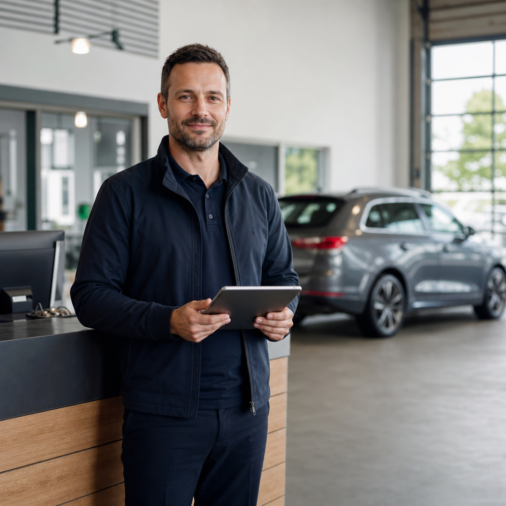 Service advisor at a tidy workshop reception with a tablet next to a car.