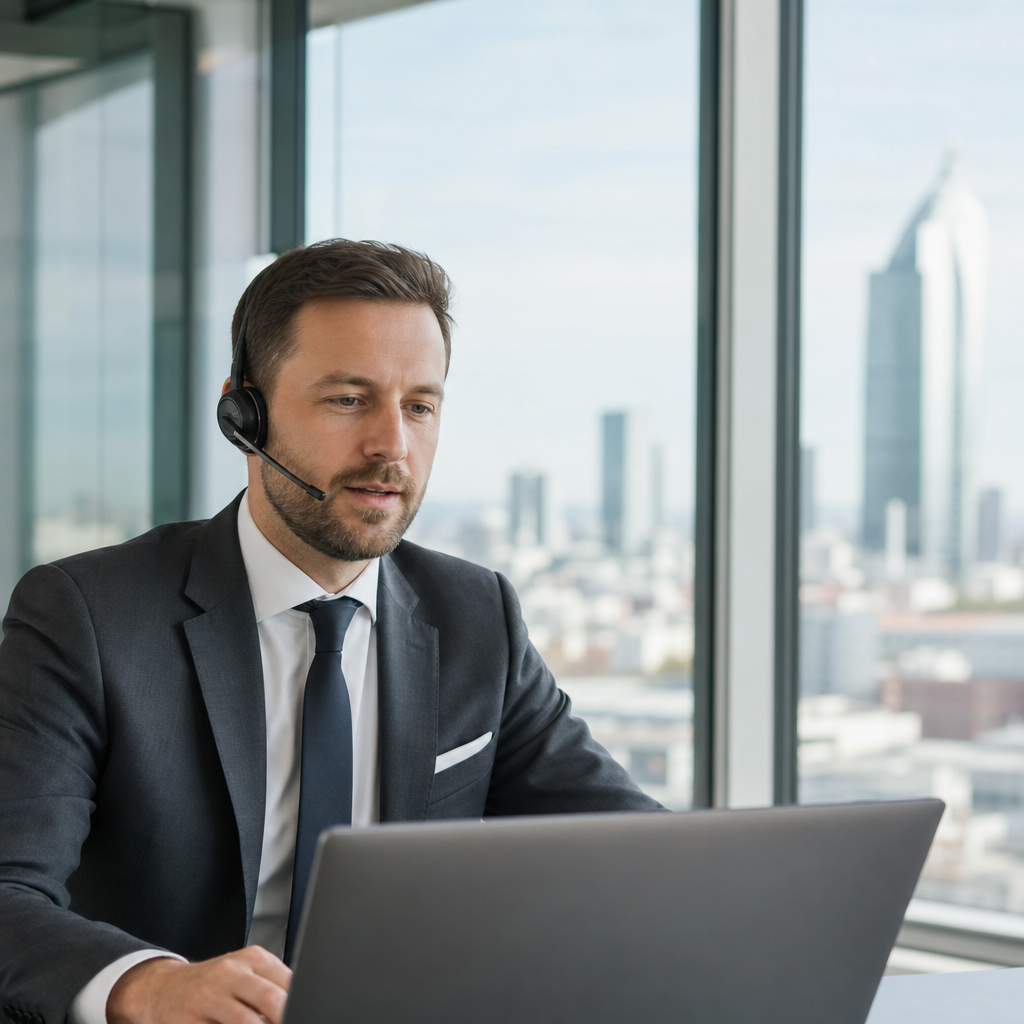 Bank advisor at a clean branch desk with a phone.