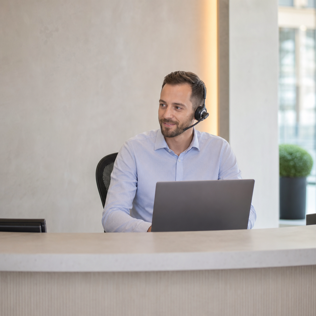 Quiet office desk with a single notebook, advisor on a headset.